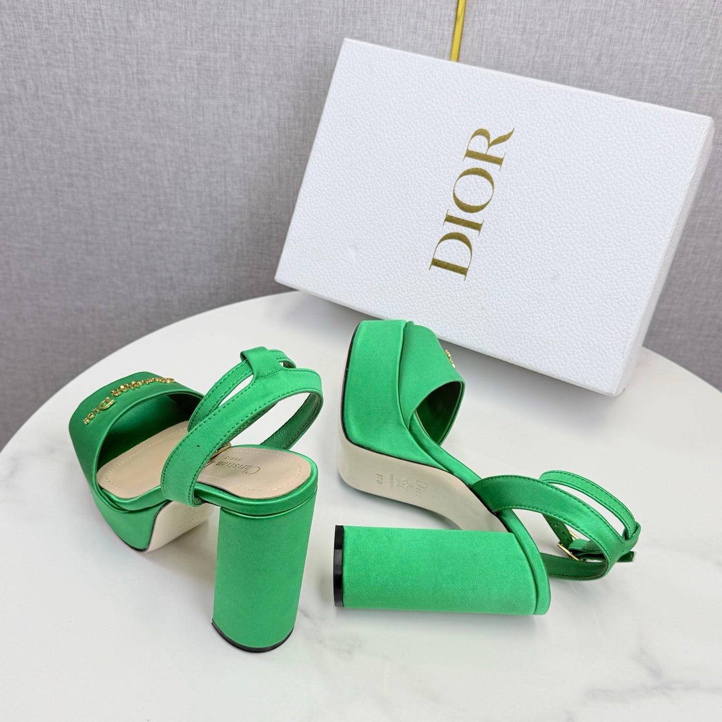 CD 26s Platform Sandals 80 Green Satin Sheepskin 640228