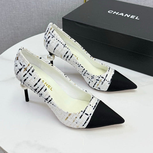 Chanel 2026 Pumps 85mm Tweed Pearl White Black 801952