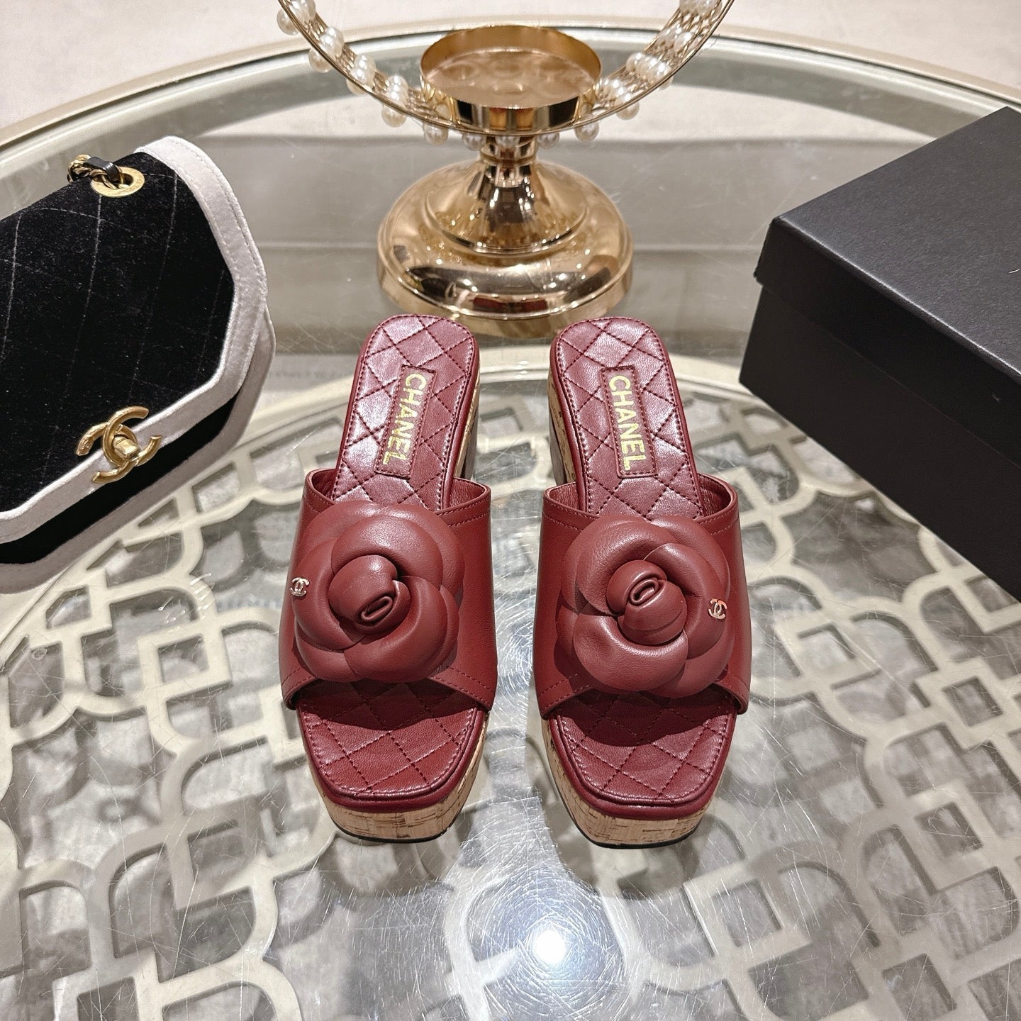 CC 26s Camellia Platform Slippers 65 Dark Red Lambskin 627046