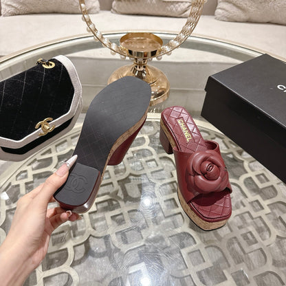 CC 26s Camellia Platform Slippers 65 Dark Red Lambskin 627046