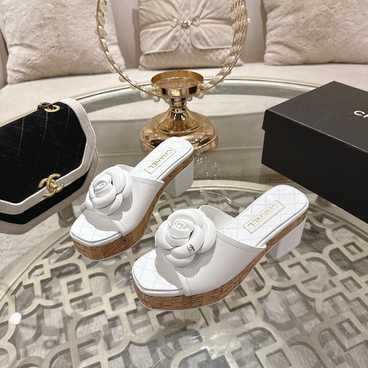CC 26s Camellia Platform Slippers 65 White Lambskin 627047