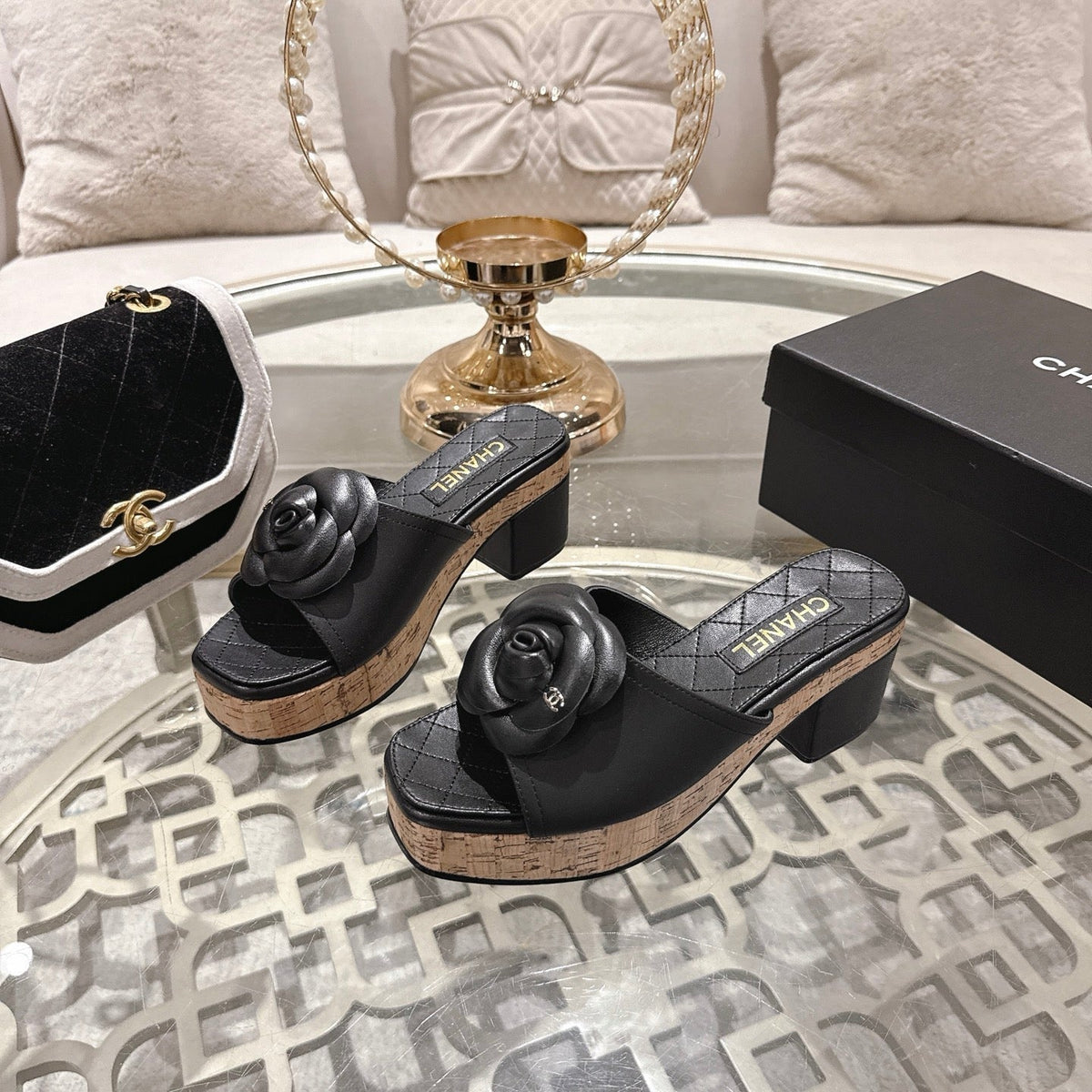 CC 26s Camellia Platform Slippers 65 Black Lambskin 627048