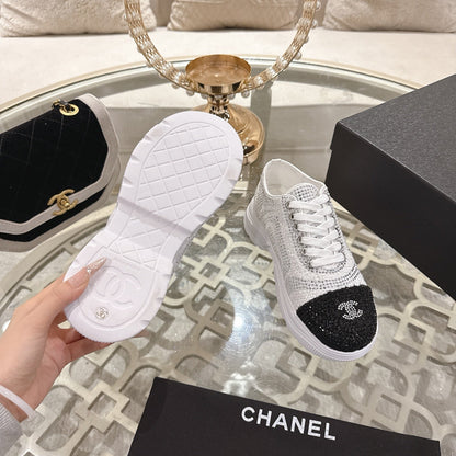 CC 26s Platform Sneakers White Black Rhinestone Sheepskin 627058