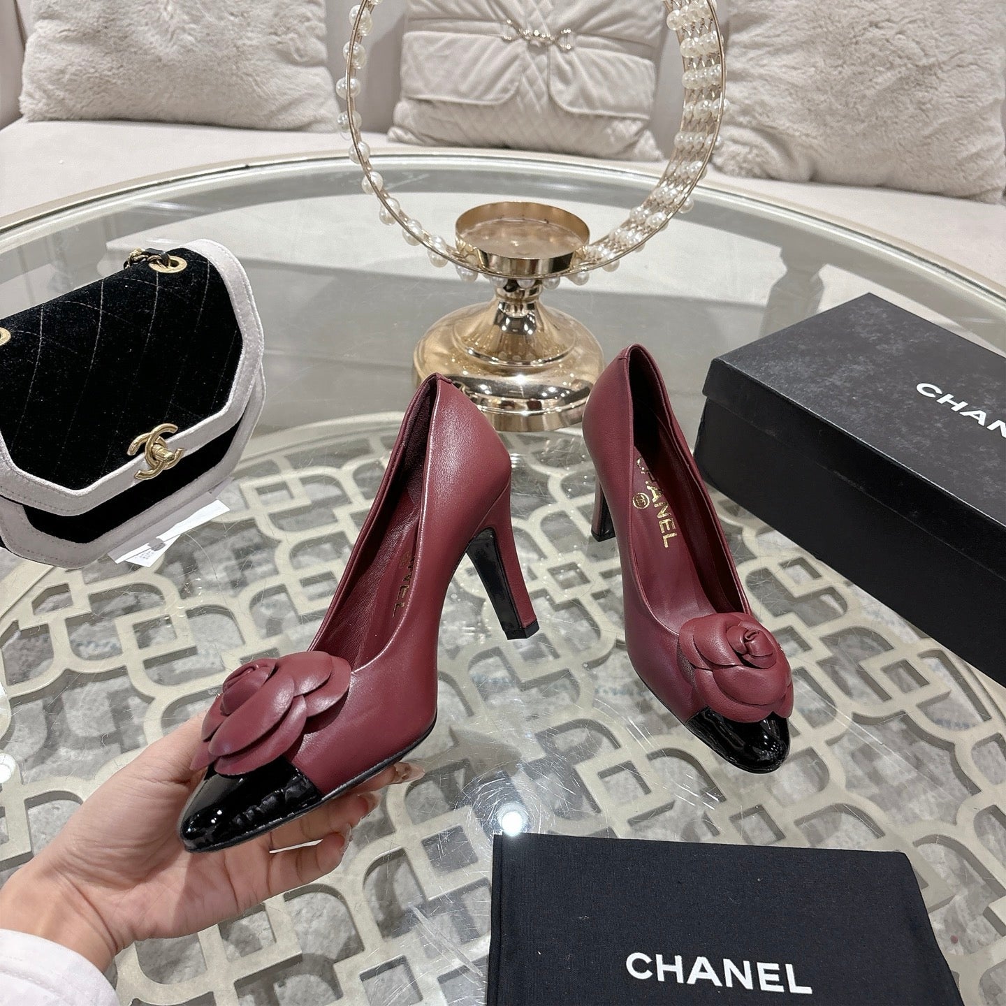 CC 26s High Heels Pump 85 Burgundy Black Sheepskin 627007