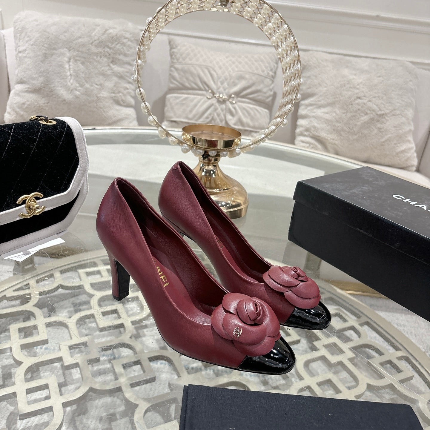 CC 26s High Heels Pump 85 Burgundy Black Sheepskin 627007