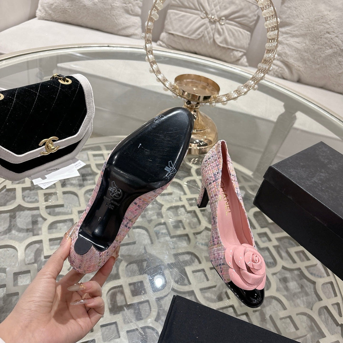 CC 26s High Heels Pump 85 Pink Black Wool Fabric 627017