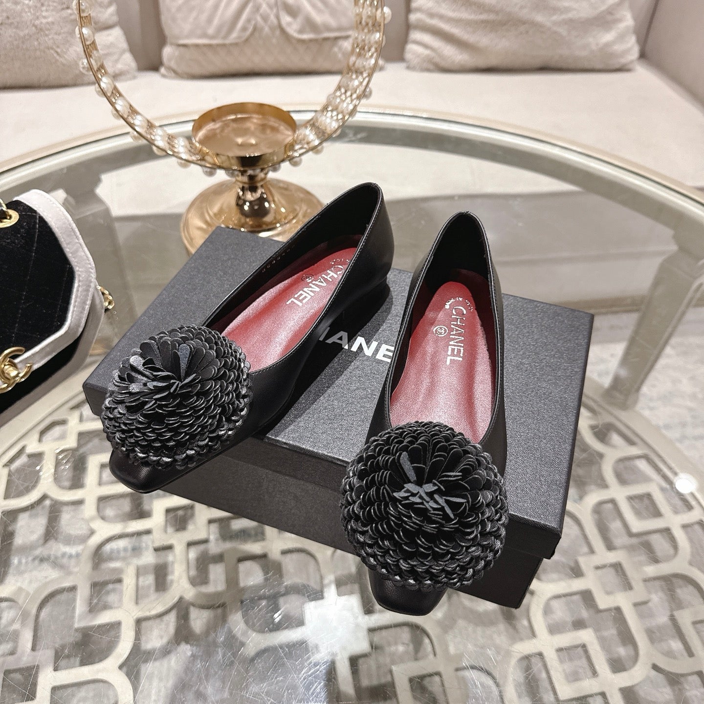 CC 26s Floral Ballet Flats Black Sheepskin 627023