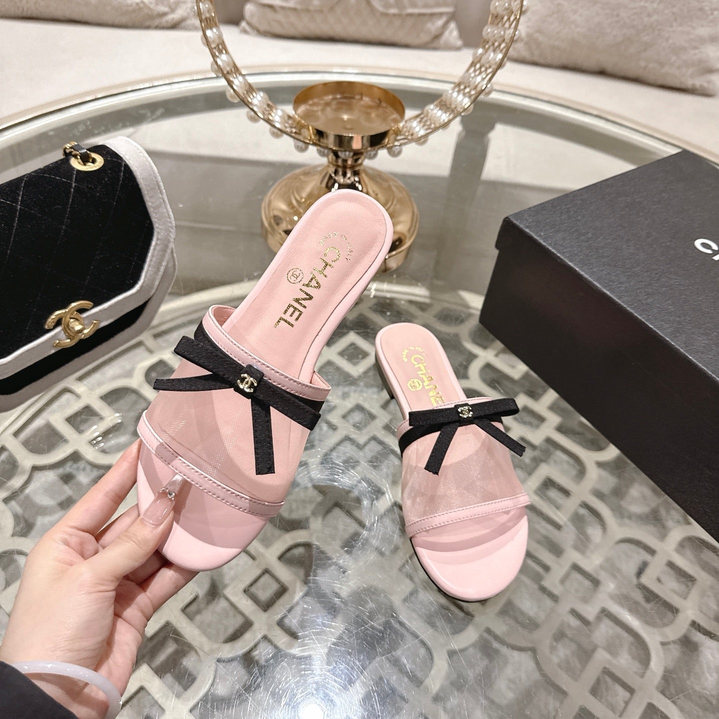 CC 26s Chunky Heel Sandals Light Pink Mesh Sheepskin 627067