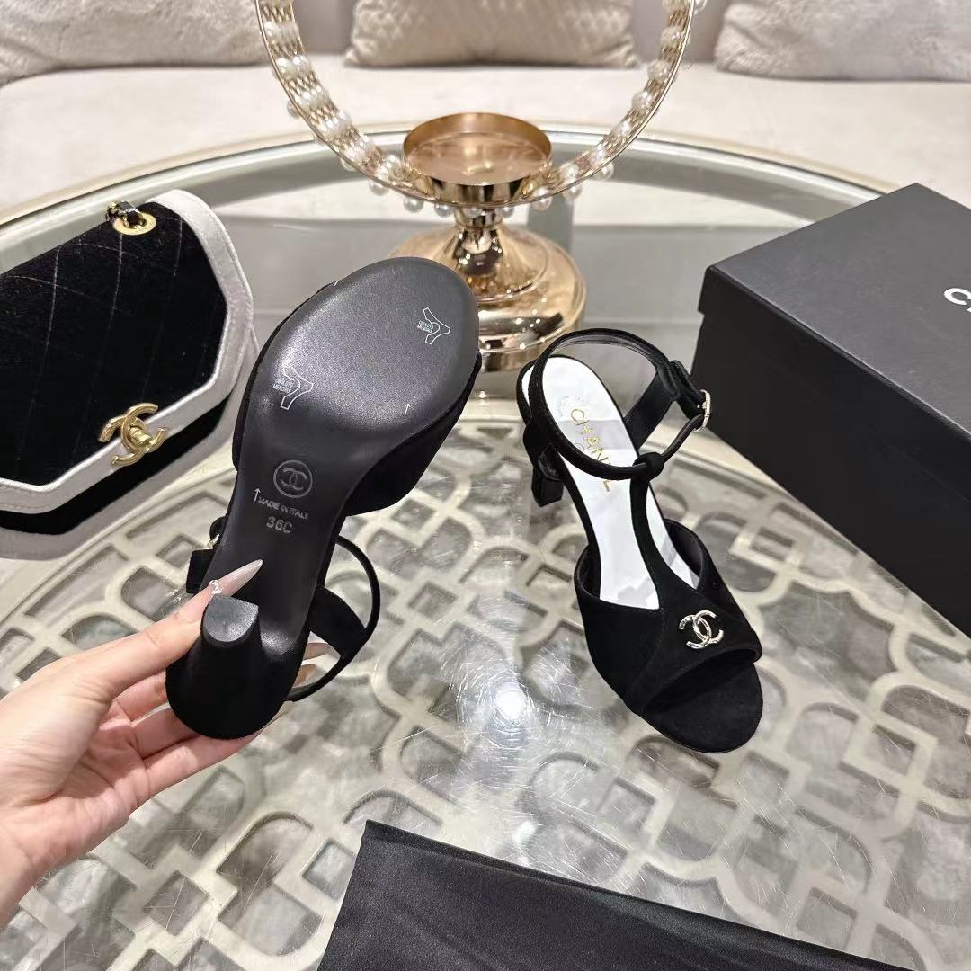 Chanel 2026 Double C Platform High-Heel Sandal Black Suede Leather 634215