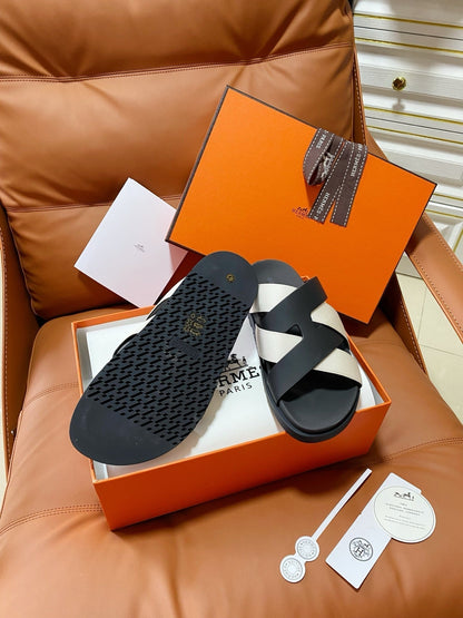 HM 2026 Cross Sandals Black White Canvas Calfskin 667286