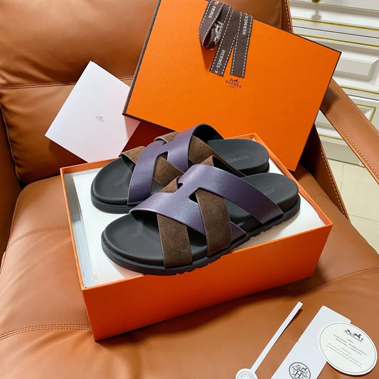 HM 2026 Cross Sandals Black Brown Purple Suede Calfskin 667290