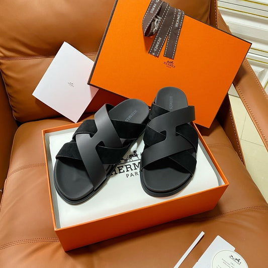 HM 2026 Cross Sandals Black Suede Calfskin 667292