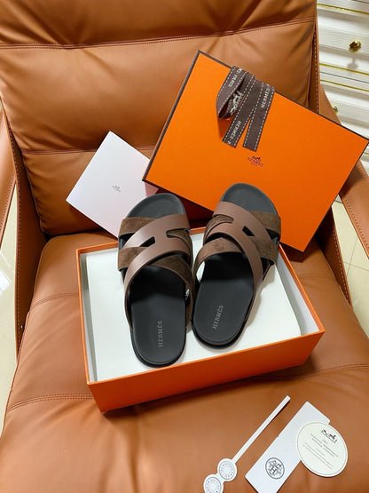 HM 2026 Cross Sandals Black Brown Suede Calfskin 667293