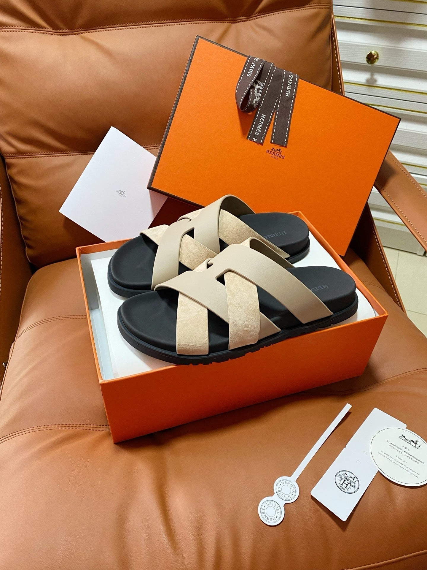 HM 2026 Cross Sandals Black Beige Suede Calfskin 667295