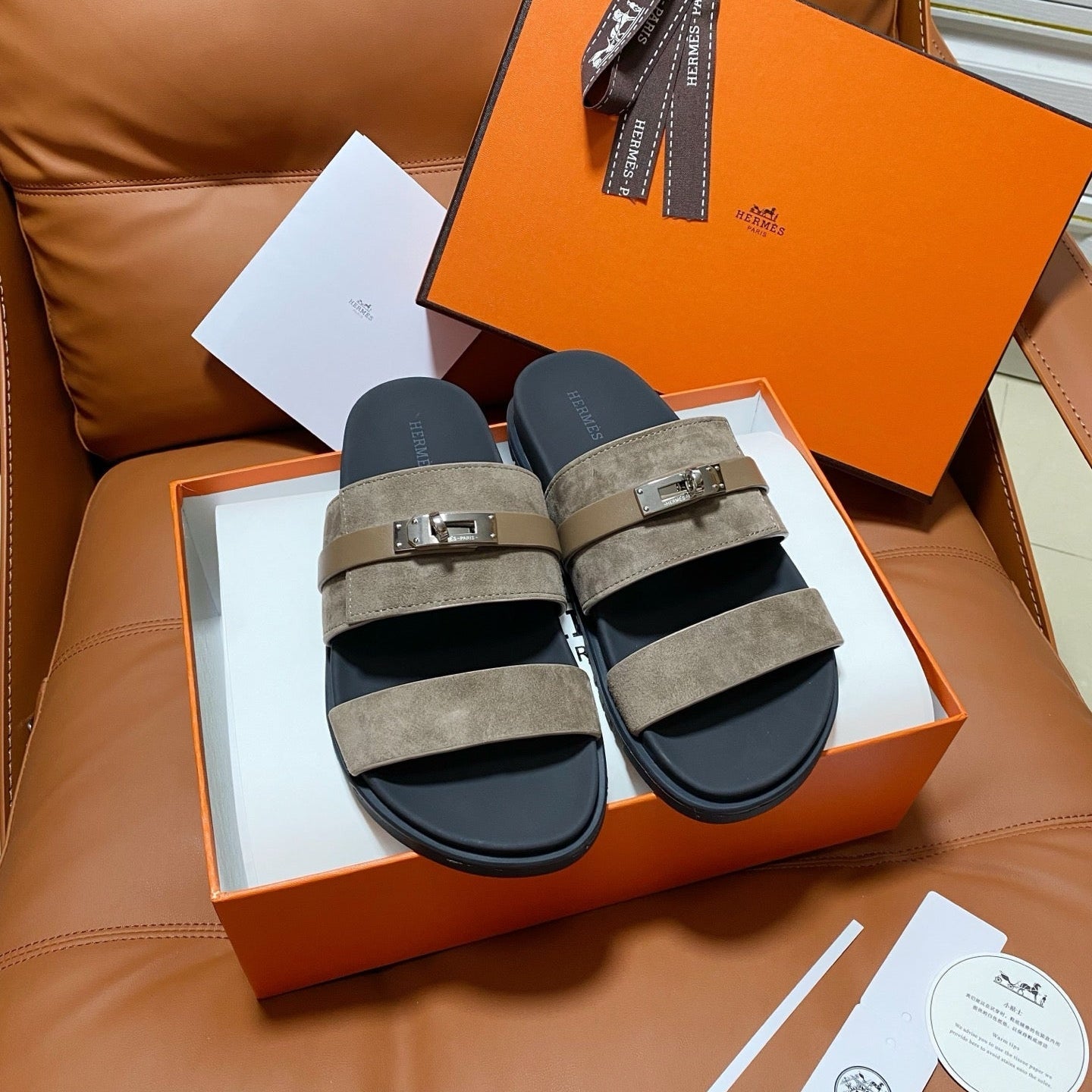HM 2026 Velcro Sandals Black Taupe Suede Cowhide 663786