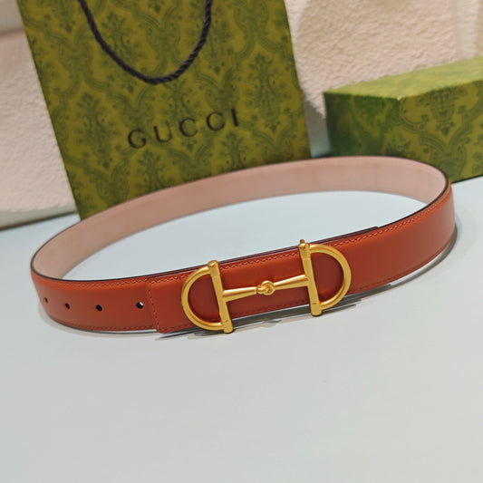 GG 3.0 Horsebit-Detailed Belt Red-Brown Gold Smooth Leather 200190