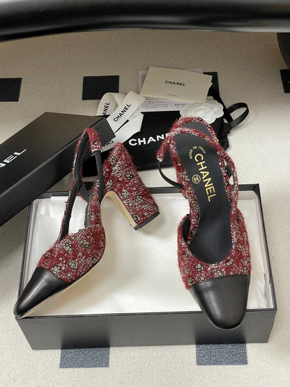 CC 26s Slingback 95 Dark Red Black Tweed Sheepskin 649422
