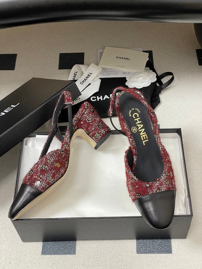 CC 26s Slingback 65 Dark Red Black Tweed Sheepskin 649423
