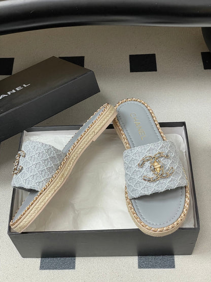 CC 26s Flat Slippers Gray Gold Fabric Sheepskin 649483