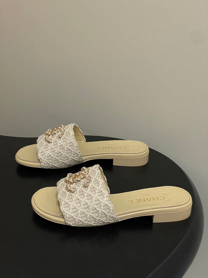 CC 26s Flat Slippers Beige Fabric Sheepskin 649490