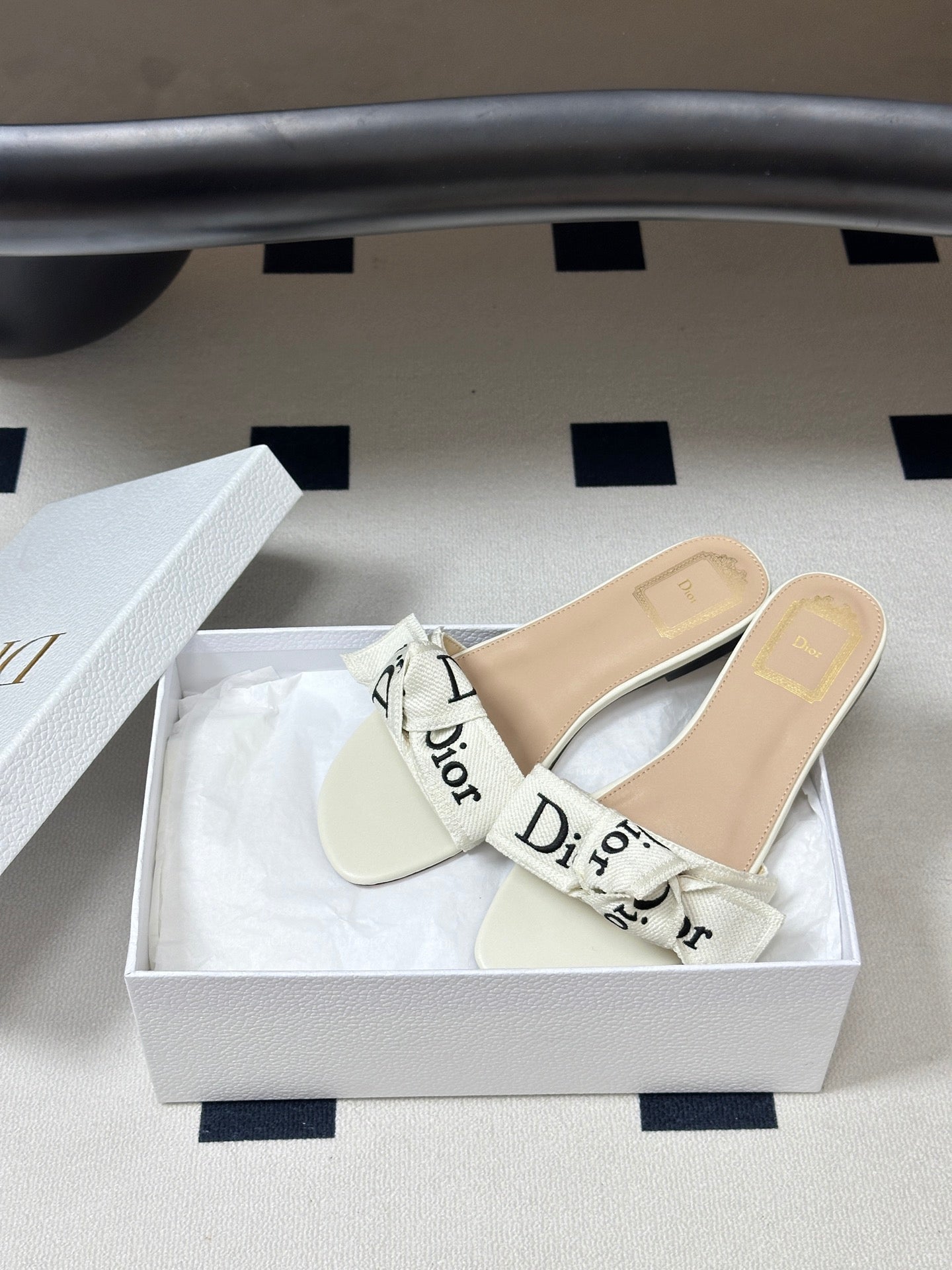 Dior 2026  J'Adior Classic Logo Webbing Bow Flat Sandals Fabric Leather 846993