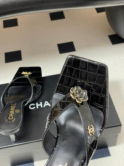 Chanel 2026 Camellia Flip-Flops High-Heeled Cowhide Sheepskin 834726