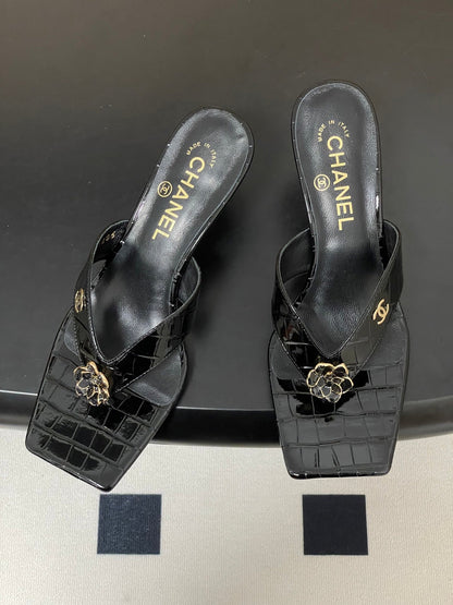 Chanel 2026 Camellia Flip-Flops High-Heeled Cowhide Sheepskin 834726