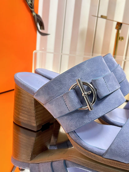 HM 26ss Kelly Buckle High-Heeled Sandals Blue Pastel Suede 641962