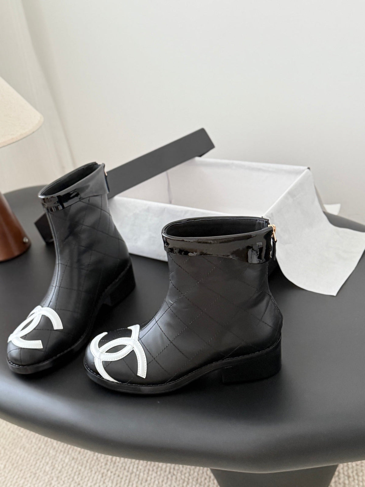 CC 2025 Vintage Cambon Mid-Calf Short Boots Black White Cowhide 550634