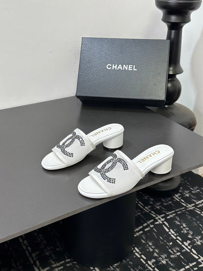CC 2026 High Heel Slippers White Mesh Sheepskin 668154