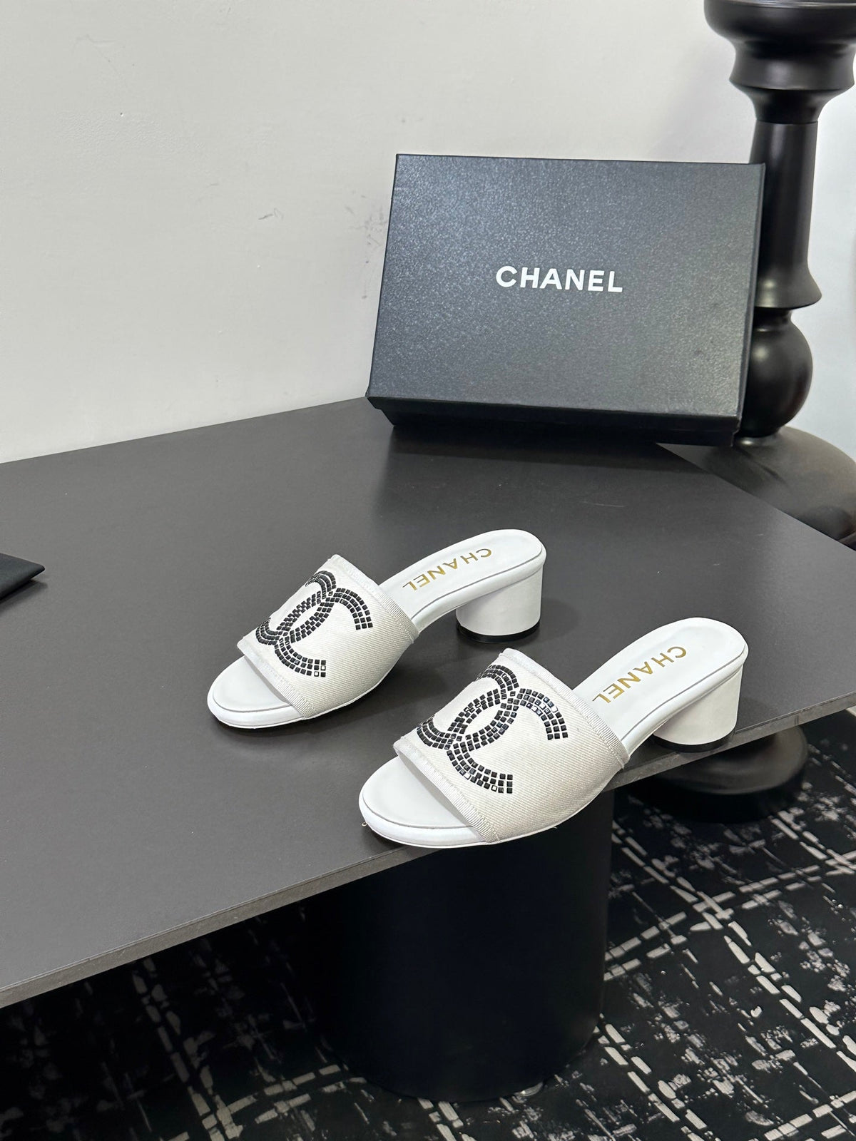 CC 2026 High Heel Slippers White Canvas Sheepskin 668153