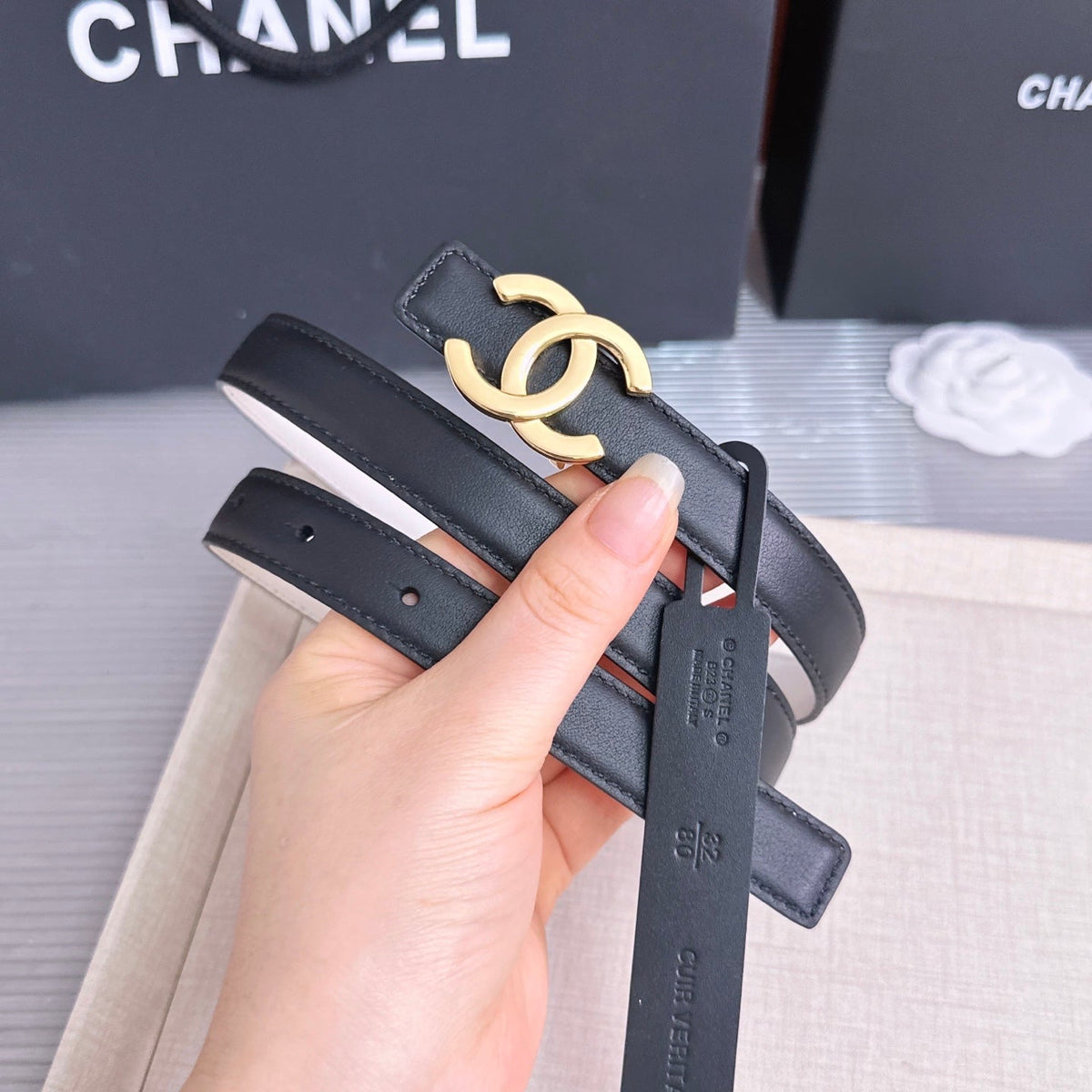 CC 26s 2cm Belt Black White Gold Calfskin