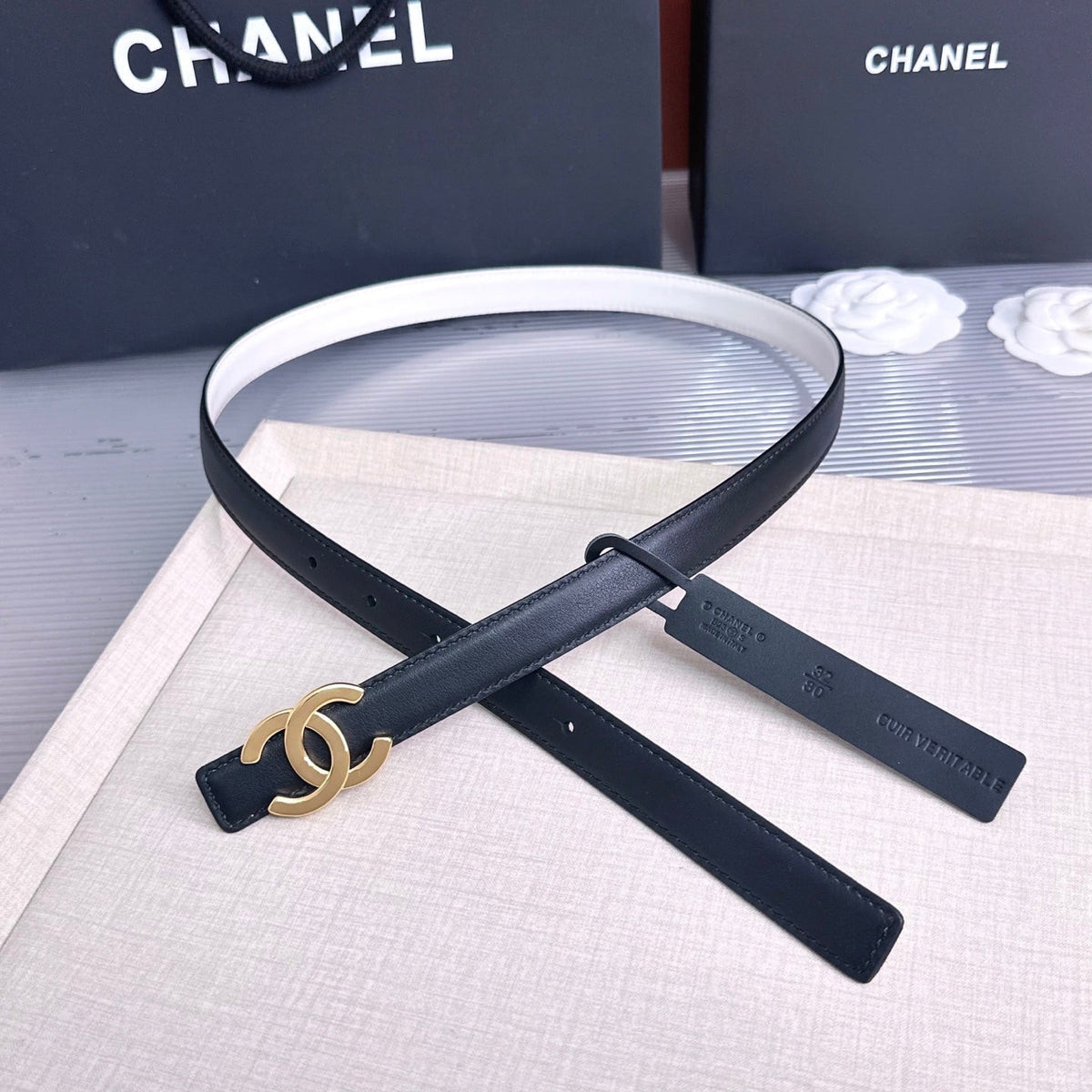 CC 26s 2cm Belt Black White Gold Calfskin