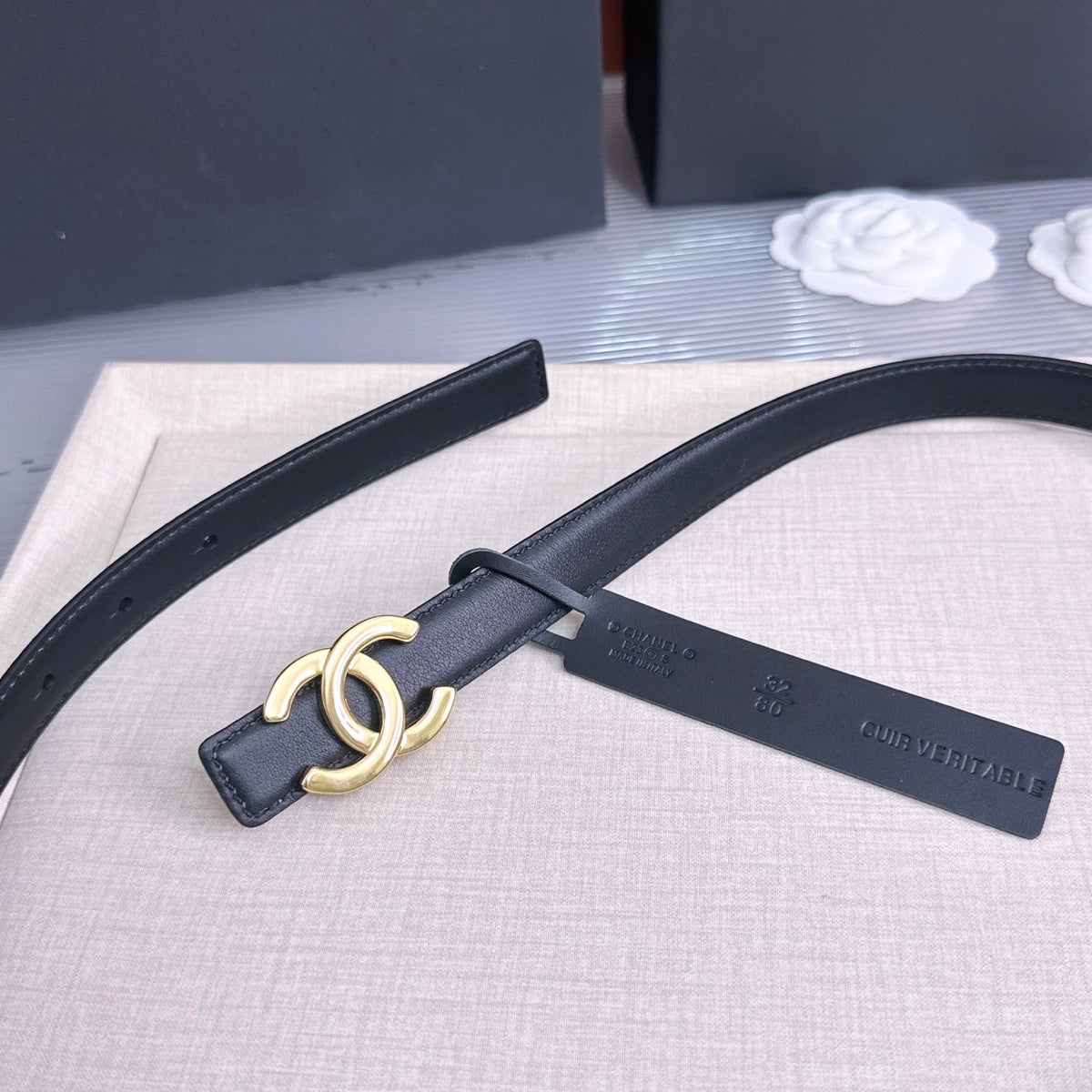 CC 26s 2cm Belt Black White Gold Calfskin