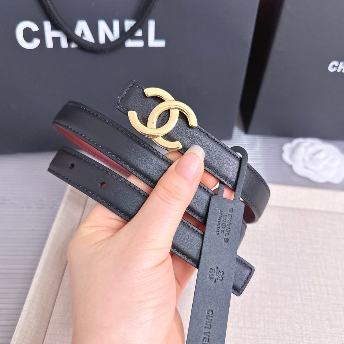 CC 26s 2cm Belt Black Burgundy Calfskin
