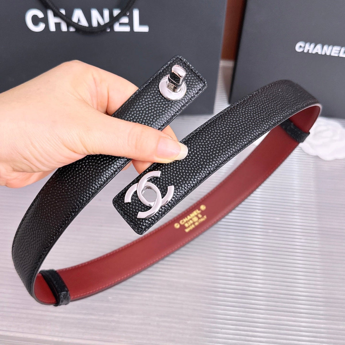 CC Fall Winter 2026 3cm Belt Black Sliver Caviar Leather