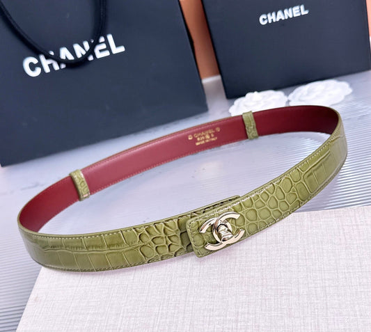 CC Fall Winter 2026 3cm Belt Khaki Sliver Crocodile-Embossed Leather