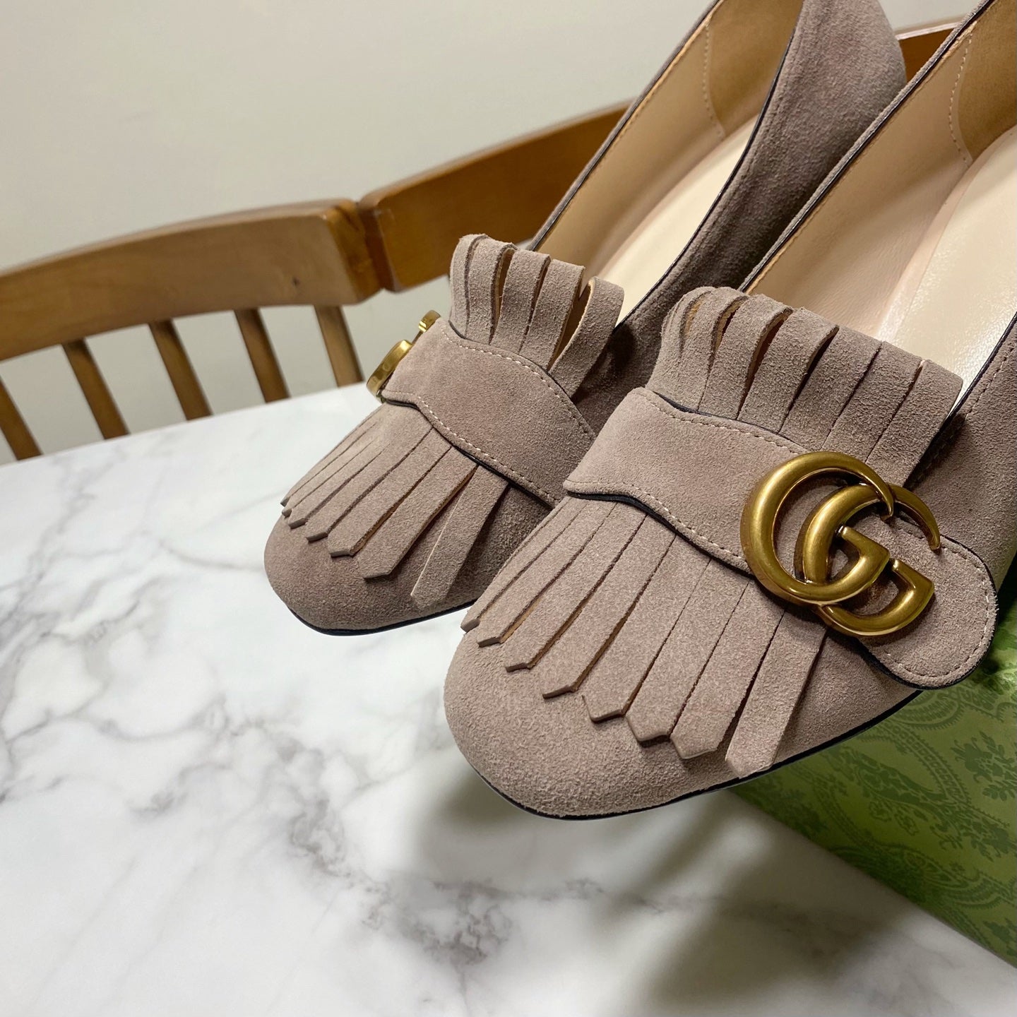 GG 26SS Chunky Heel Pump 50 Taupe Patent Leather 640555