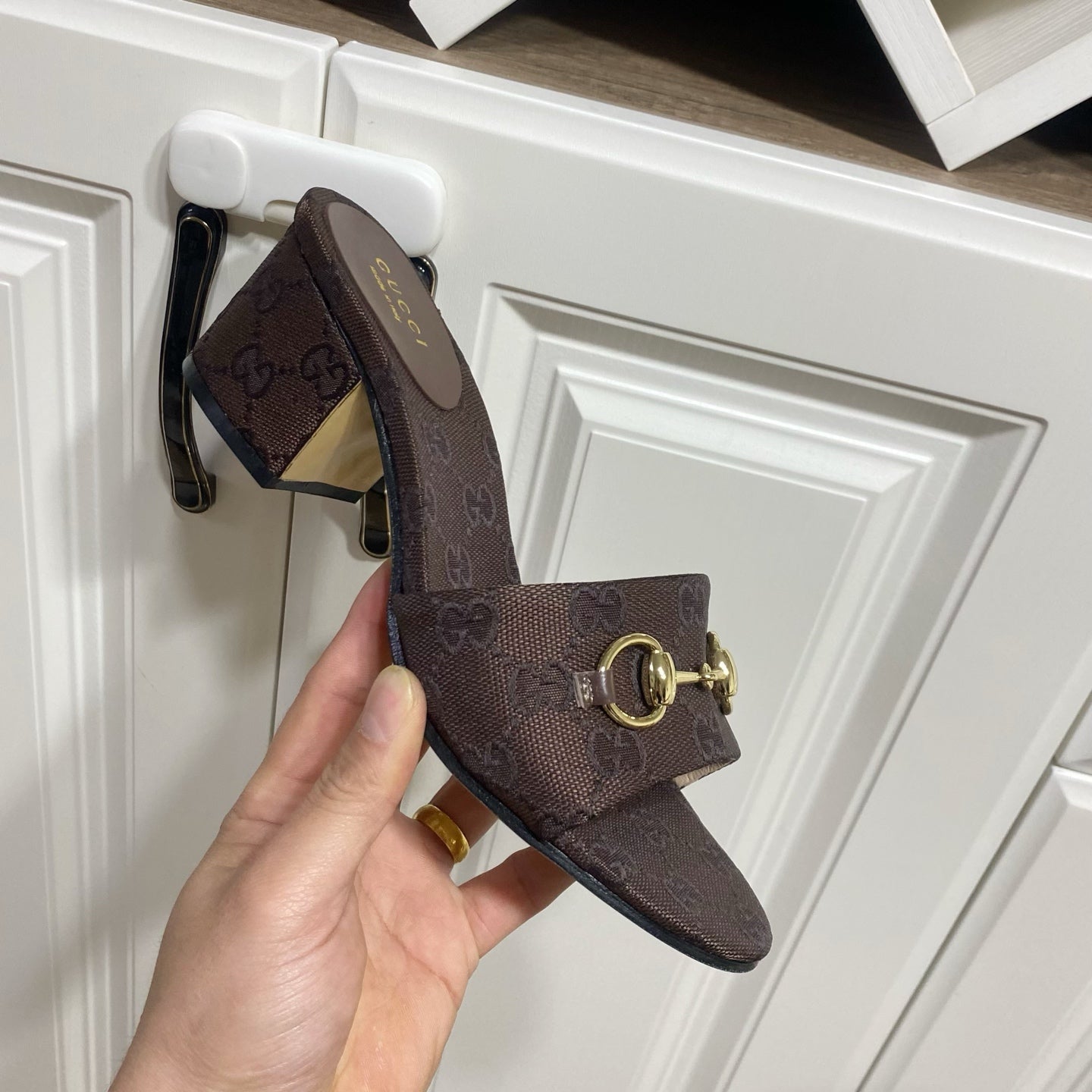 GG 26SS Chunky Heeled Sandals 65 Dark Brown Canvas Leather 640623