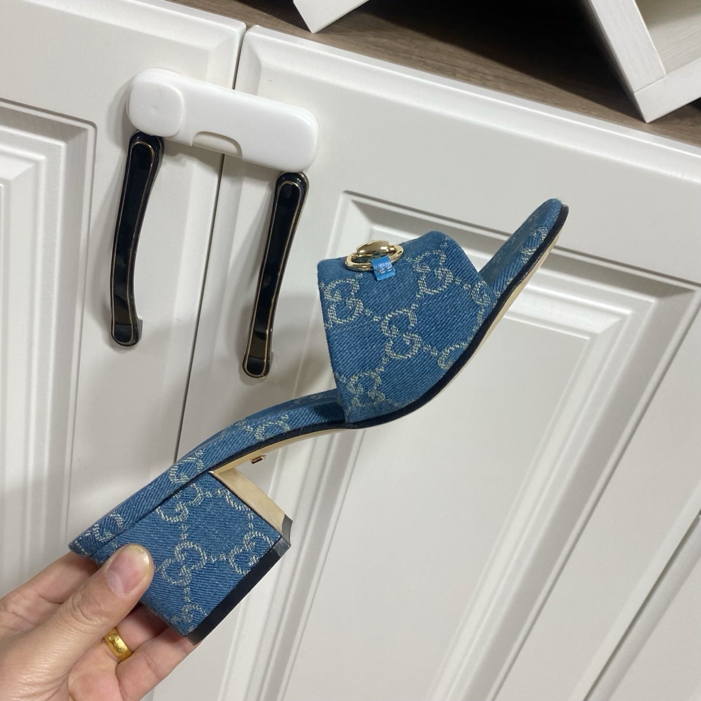 GG 26SS Chunky Heeled Sandals 65 Blue Denim Leather 640624