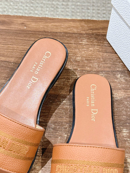 CD 26 Embroidered Slippers Camel Brown Cowhide 610277