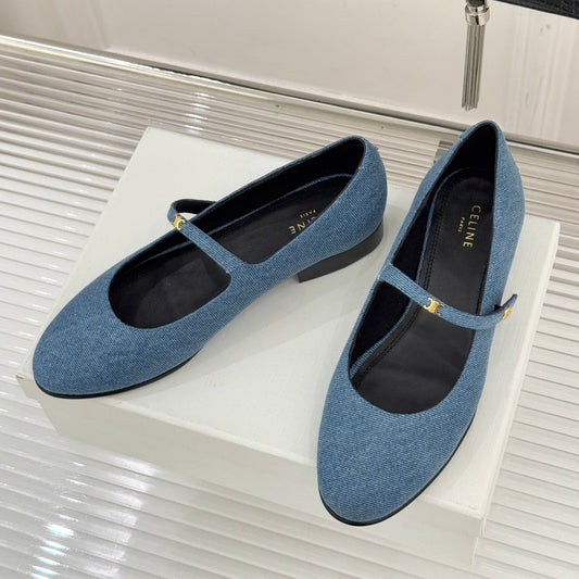 Celine 26 Mary-Jane Ballet Flats Fabric Leather 755871