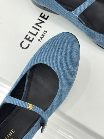 Celine 26 Mary-Jane Ballet Flats Fabric Leather 755871