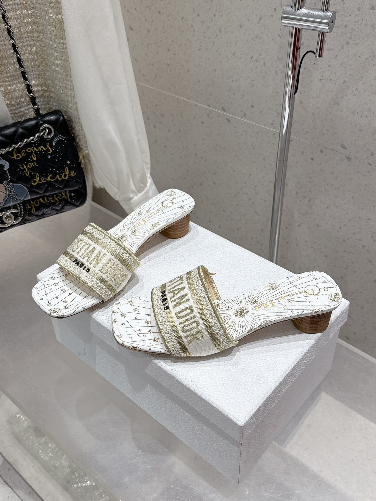 CD 26s Embroidered Flat Slippers White Gold Canvas Leather 636394