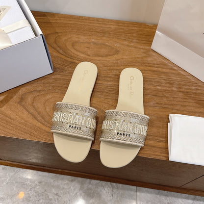 CD 26s Embroidered Sandals Beige Canvas Leather 685603