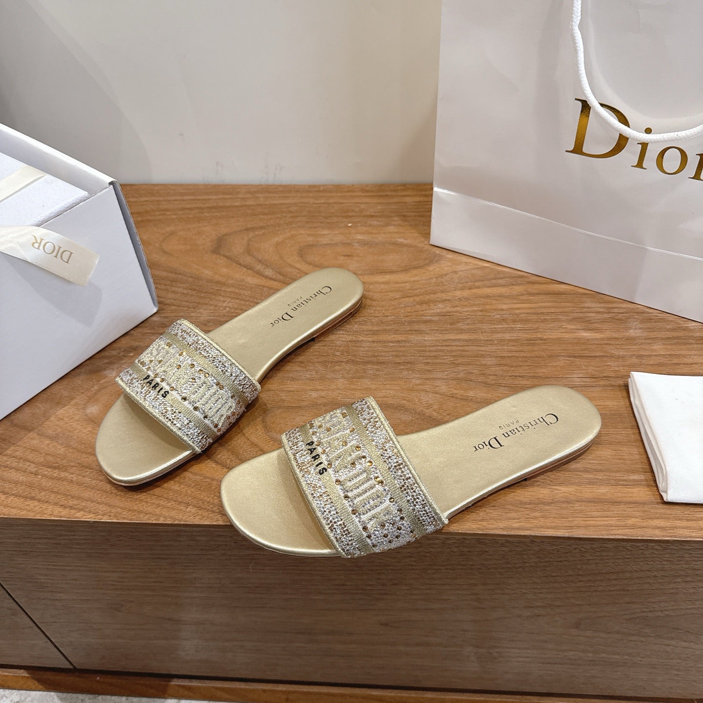 CD 26s Embroidered Sandals Gold Champage  Canvas Leather 685616