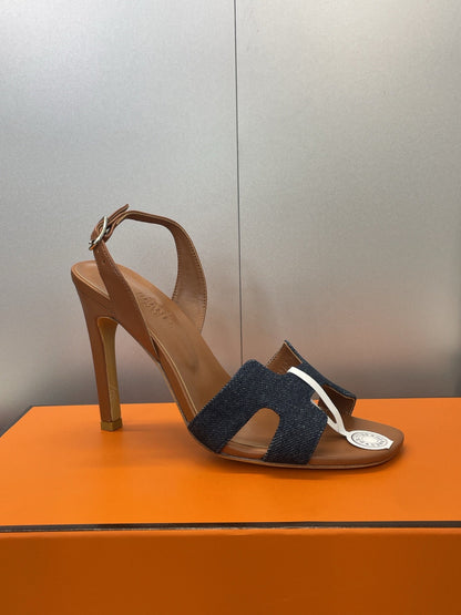 HM 26ss High Heel Sandals 105 Brown Dark Blue Denim Cowhide 607148