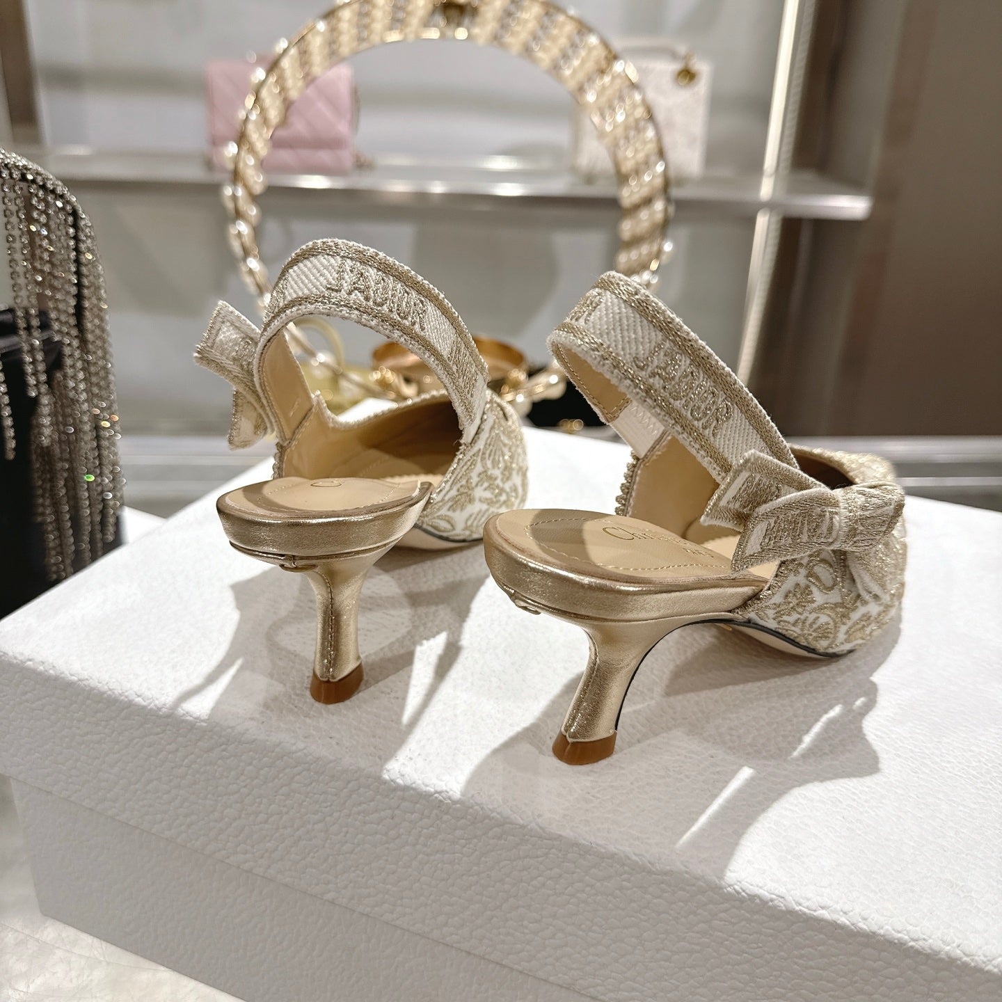 CD 26 Slingback Metallic Floral Embroidery 45mm Ivory Gold Tweed 592234