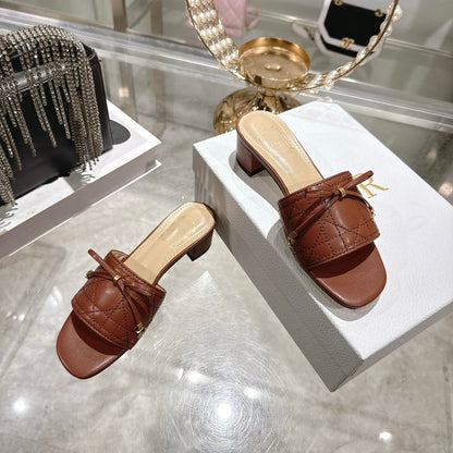 CD 26 Embroidered Slippers Brown Beige  Sheepskin 679667