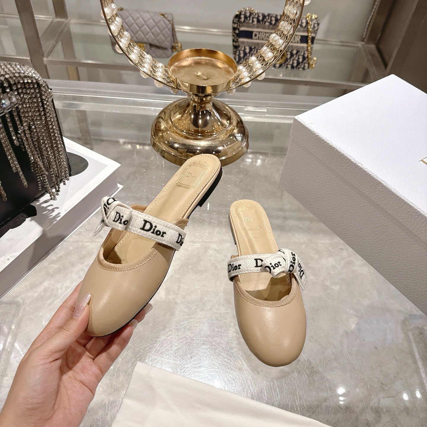 CD 26 Bow Flat Mules Embroidered Sheepskin